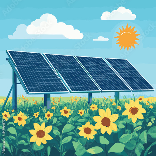 solar panel and sun, vector style simple color