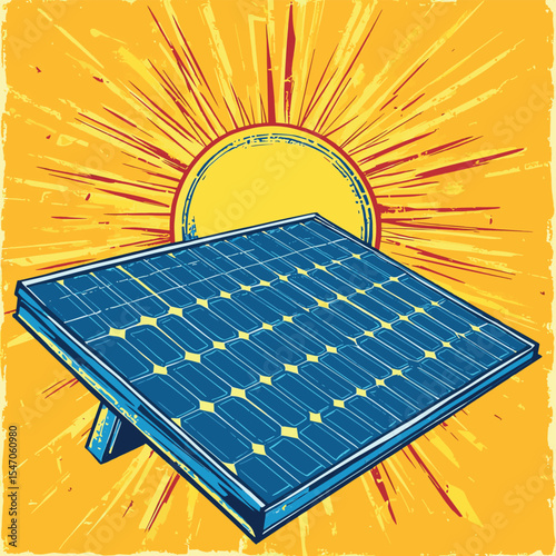 solar panel and sun, vector style simple color