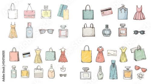Charming hand-drawn fashion and beauty icon set featuring dresses, bags, perfume, sunglasses, and accessories in soft pastel tones. Perfect for lifestyle and shopping themes.