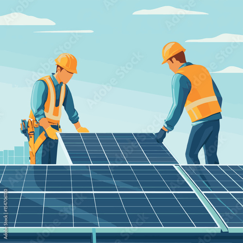 Construction technician workers installing solar panels