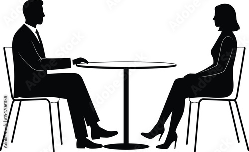 Business meeting, man and woman talking at table, professional conversation, interview, negotiation, teamwork, communication, office setup, formal attire, corporate discussion, silhouette illustration