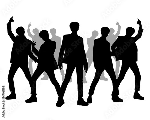 Male idol group silhouette, kpop idol dancing, icon isolated on white background