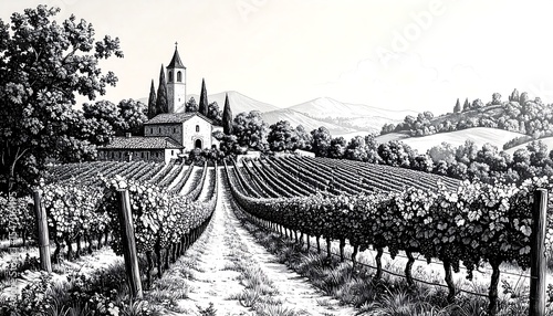Tuscan Vineyard & Church, Black & White - Monochromatic/Black & Whi.