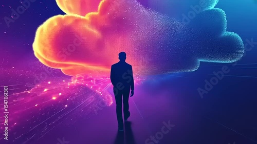 A silhouetted figure walks towards a vibrant, colorful cloud in a futuristic digital landscape