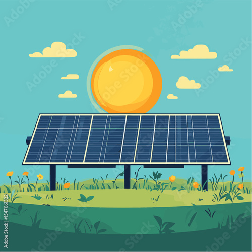 solar panel and sun, vector style simple color