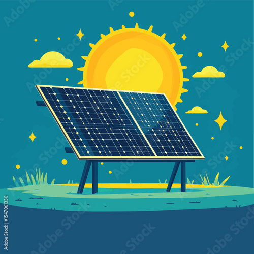solar panel and sun, vector style simple color