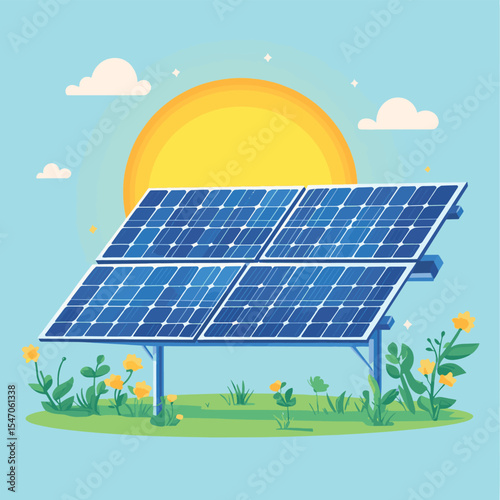 solar panel and sun, vector style simple color