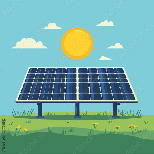 solar panel and sun, vector style simple color