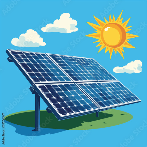 solar panel and sun, vector style simple color