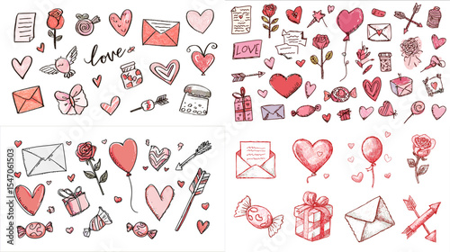 Cute hand-drawn Valentine’s Day doodles featuring hearts, roses, letters, gifts, and love icons in red and pink tones. Ideal for greeting cards, stickers, and romantic designs.