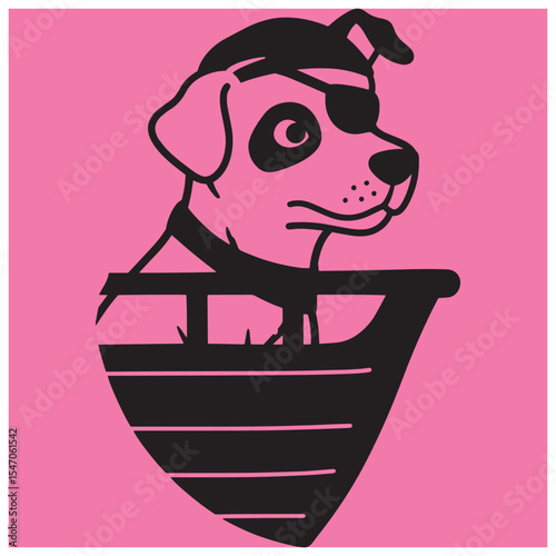 Adorable pirate dog sailing on a black ship against a vibrant pink background