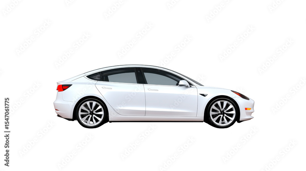 Sleek white electric sedan with modern design and aerodynamic shape, featuring large wheels and tinted windows, parked on plain background Sleek white electric sedan with modern design and aerodynamic shape, featuring large wheels and tinted windows, parked on plain background