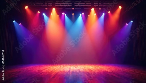 A dazzling display of vibrant, multicolored stage lighting illuminates an empty performance space, ready for a show Perfect for theatrical, concert, or event promotions , empty, spotlight