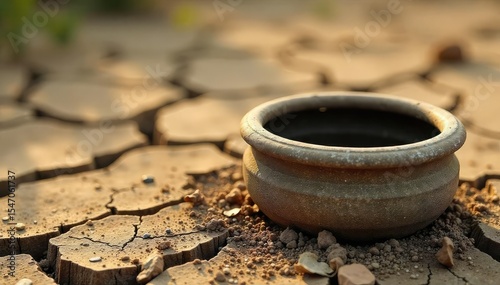 A desolate, empty planter sits amidst dry, cracked earth, symbolizing drought, neglect, or the passage of time A poignant image of barrenness and potential , empty planter, fragility