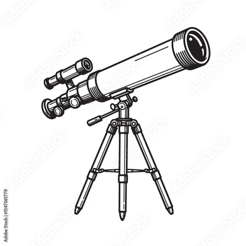 A detailed vintage art silhouette drawing of a telescope on a tripod for astronomical observations.