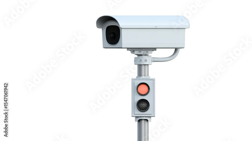 Modern surveillance camera mounted on pole with traffic light system, used for monitoring and security purposes in urban environments. camera is enclosed in protective casing