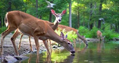 Wild deer drinking water at a forest pond, realistic natural setting --

