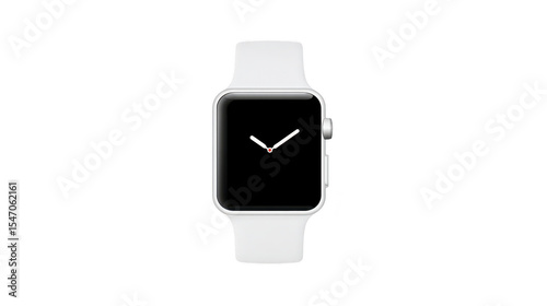 Sleek smartwatch with white band and minimalist design, featuring simple analog clock face on black screen. watch is modern and stylish, suitable for everyday wear