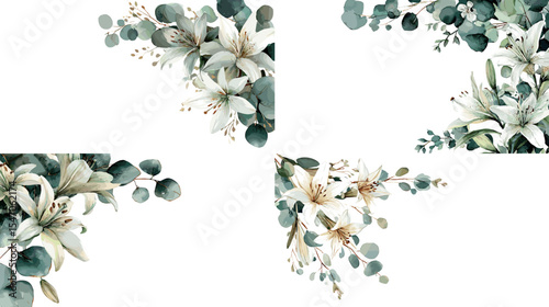 Elegant watercolor floral corner design with white lilies and eucalyptus leaves in soft green tones. Perfect for wedding invitations, cards, and botanical-themed decor.