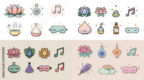 Cute hand-drawn wellness icons featuring lotus flowers, essential oils, music notes, and sleep masks in pastel colors. Perfect for self-care, spa, and relaxation designs.