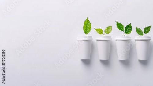Eco-Friendly Concept of Plants Growing from White Cups on Background