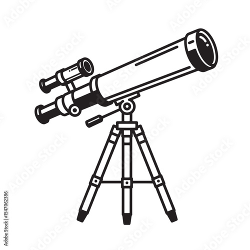 Classic black and white illustration of a vintage astronomical telescope for astronomy and science