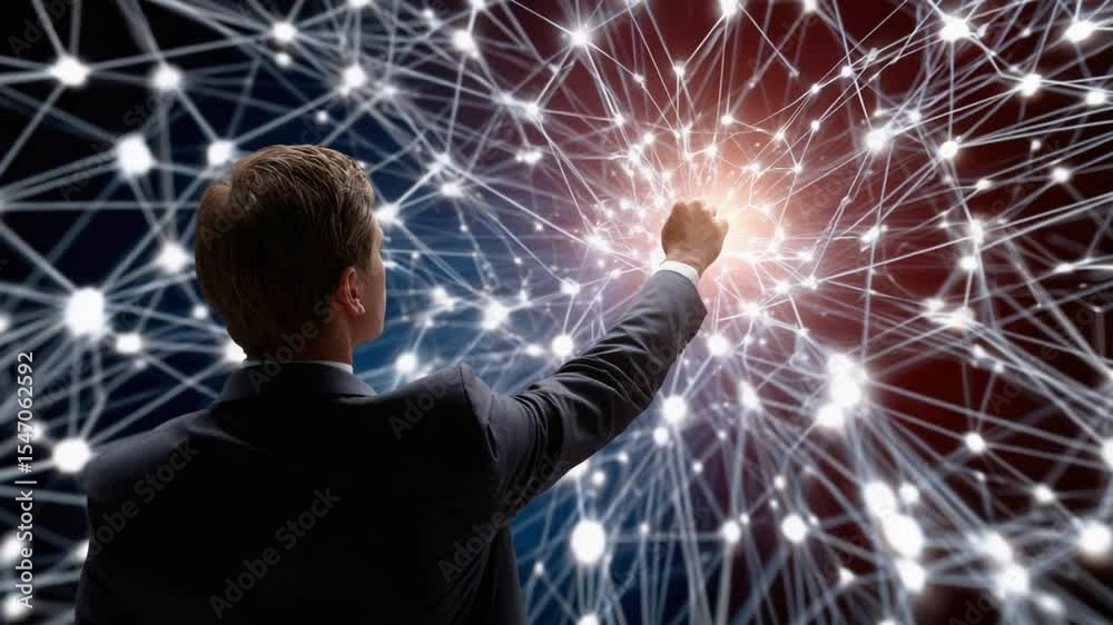 Network Visualization: A man is reaching out to touch a complex, interconnected network of data points, symbolizing technological advancement, and the power of connection.