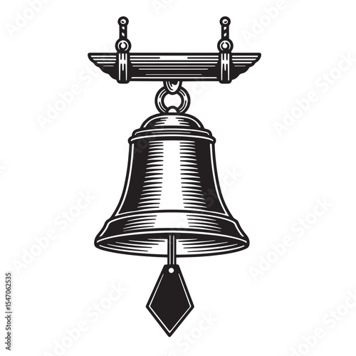 Classic black and white vintage art silhouette of hanging bell with decorative detailing