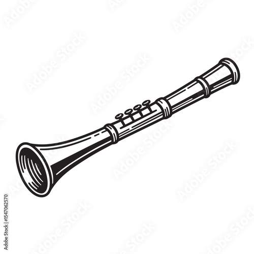 Classic clarinet illustration in black and white depicting music and musical instrument