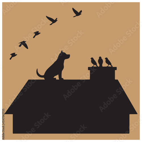 Silhouette of a dog gazing at birds on a rooftop with flying birds and chimney