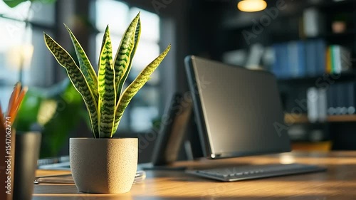 Indoor workspace featuring a potted snake plant on a desk with a laptop and blurred background shelves