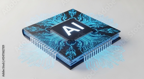 AI-Tutor : A futuristic microchip design resembling a book, with neural lines like roots and glowing blue veins, set against a clean background, highlighting AI education concepts.