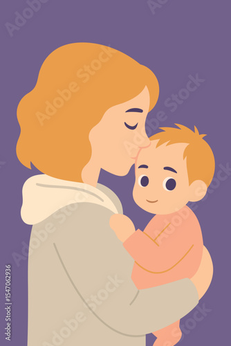 Mother Holding and Kissing Her Baby – Cute Family Love Vector Illustration