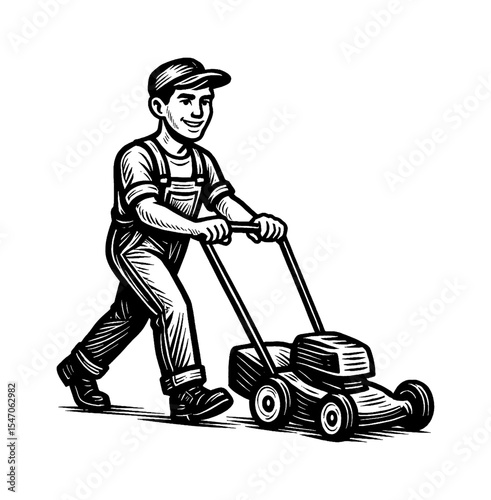 A man is Pushing a Lawn Mower with a Smile on His Face, vector style illustration