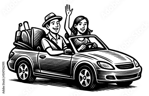 Couple Enjoying a Road Trip in Convertible Car with Luggage and Woman Waving Hand Illustration