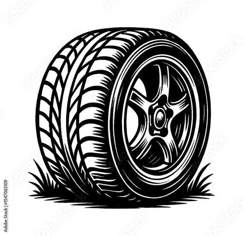 Black and White Vector Illustration of a Car Tire and Wheel with Detailed Tread