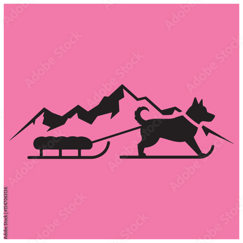 Silhouette of a dog sled in the mountains representing winter adventure and travel