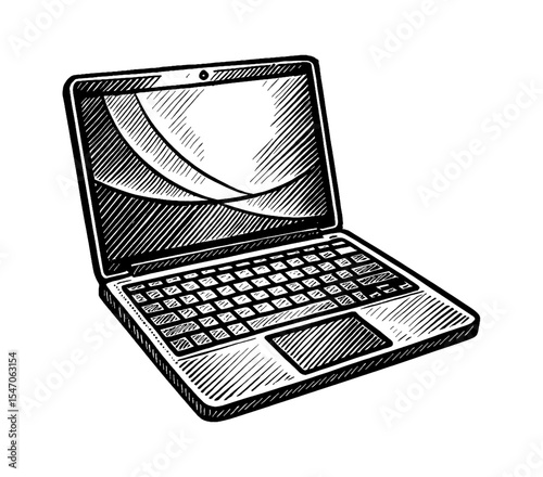 Laptop computer with screen keyboard and trackpad in black and white engraving art style