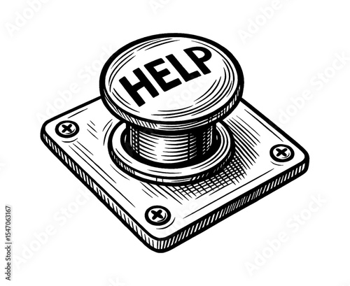 Illustration of help button on square panel with screw in line art engraving style