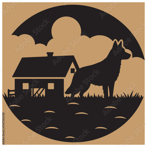 Silhouette of a german shepherd dog guarding a house in a round vintage art style