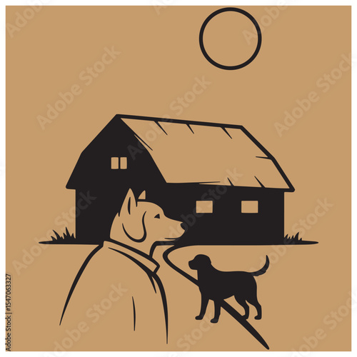 Silhouette of a dog walking towards a house with another dog under a full moon