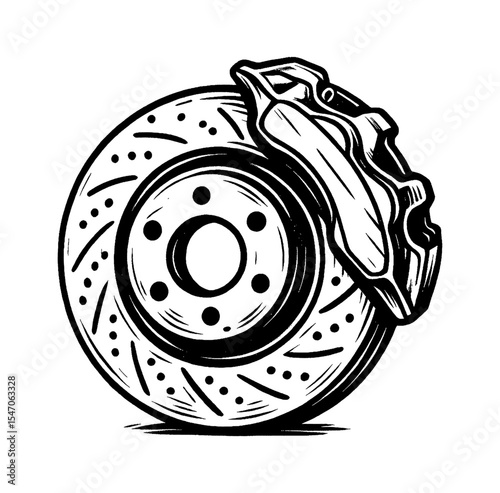 Detailed Black and White Illustration of a Car Brake Disc and Caliper, Auto Part