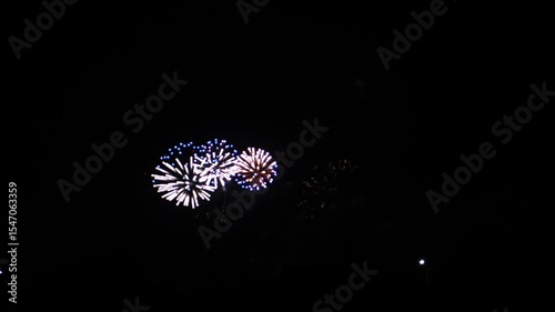 Multicolored red gold blue and green bright sparks of fireworks on the black sky. General plan.