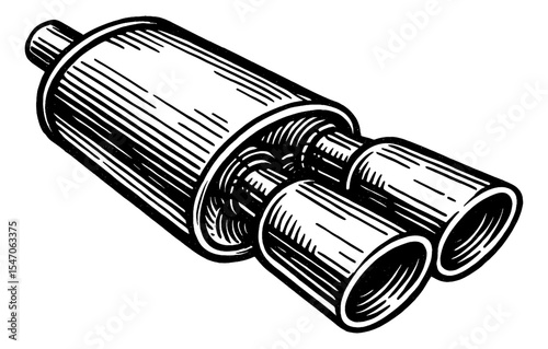 Detailed Black and White Illustration of a Dual Exhaust Muffler System