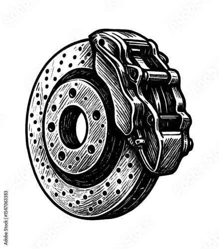 Detailed Engraving Style Illustration of Car Brake with Disc and Caliper in Black and White