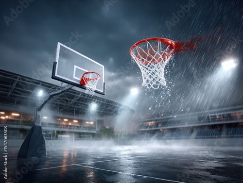 Basketball shot in a rainy arena