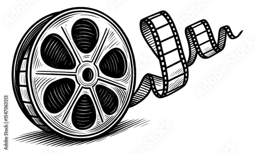 Film Reel Vector Illustration in Detailed Engraved Black and White Line Art Style