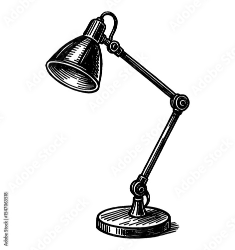 Illustration of an adjustable table lamp with a classic design in black and white
