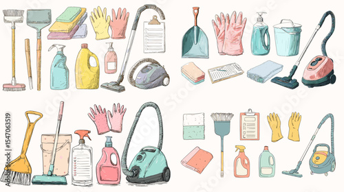 Hand-drawn cleaning supplies illustration including mops, gloves, vacuums, sprays, sponges, and buckets. Perfect for housekeeping visuals, home care content, and hygiene products.