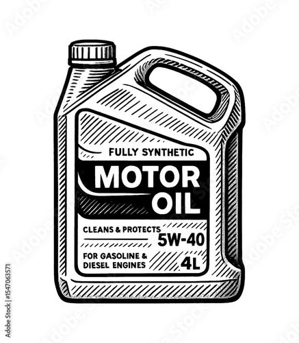 Fully Synthetic Motor Oil Container Black and White Detailed Line Art Illustration